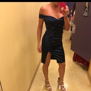 Dark blue off shoulder rusched dress